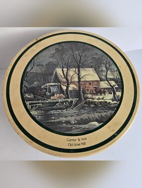 Vintage Winter Christmas Tin Canister Old Grist Mill Currier & Ives